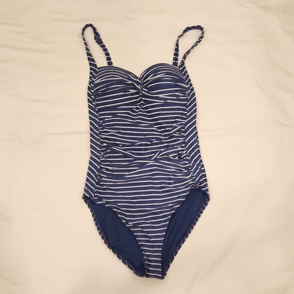 Niptuck 4 Swim Blue and White striped super flattering One Piece Swimsuit